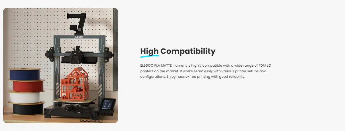 ELEGOO MATTE PLA Filament color  ,High Reliability ,High Compatibility,Accurate & Consistent Dimension