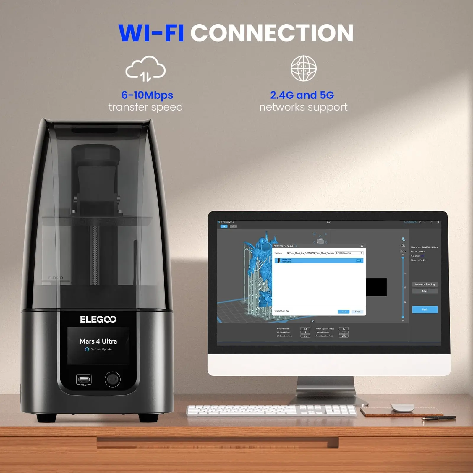 ELEGOO Mars 4 Ultra ,Wi-Fi Connectivity,MSLA 3D Printer, Desktop Resin 3D Printer with 7-Inch 9K Monochrome LCD,